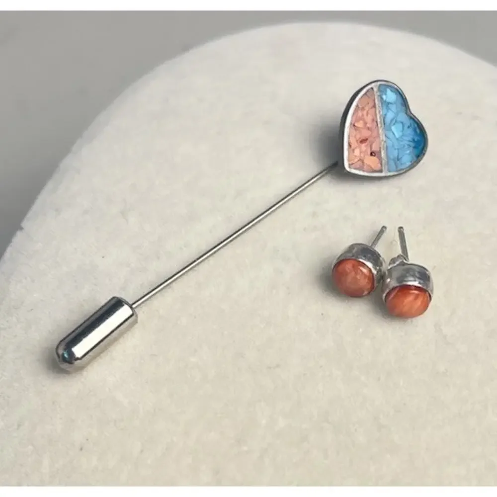 Vintage 925 Sterling Silver Coral Turquoise Inlay Heart Stick Pin Stud Earrings